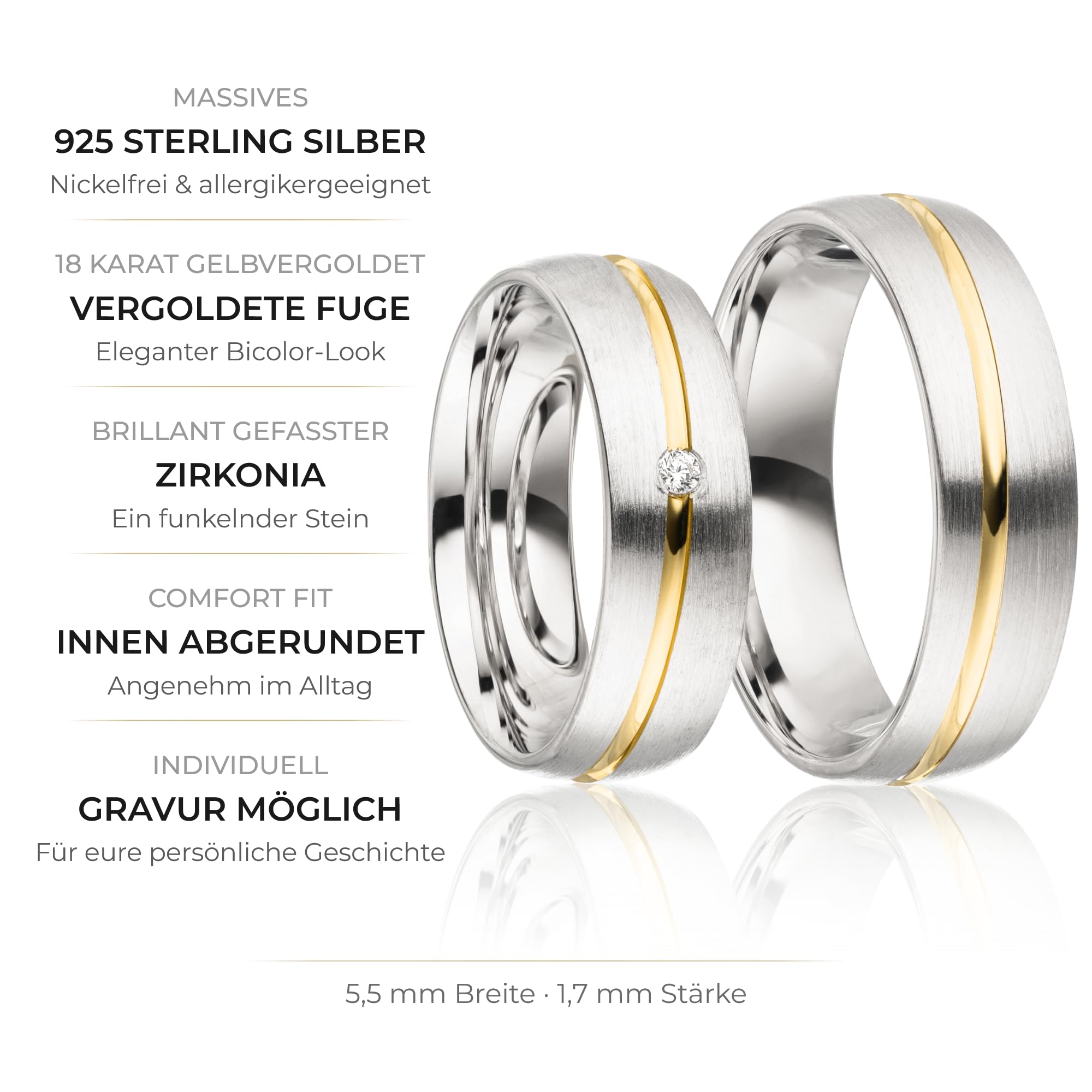Kolibri Rings Eheringe Set Paarpreis | 925 Silber Gelb Vergoldet mit Zirkonia | Made in Germany: Damenring + Herrenring 5,5 mm Längsmatt + Gratis Gravur & Etui