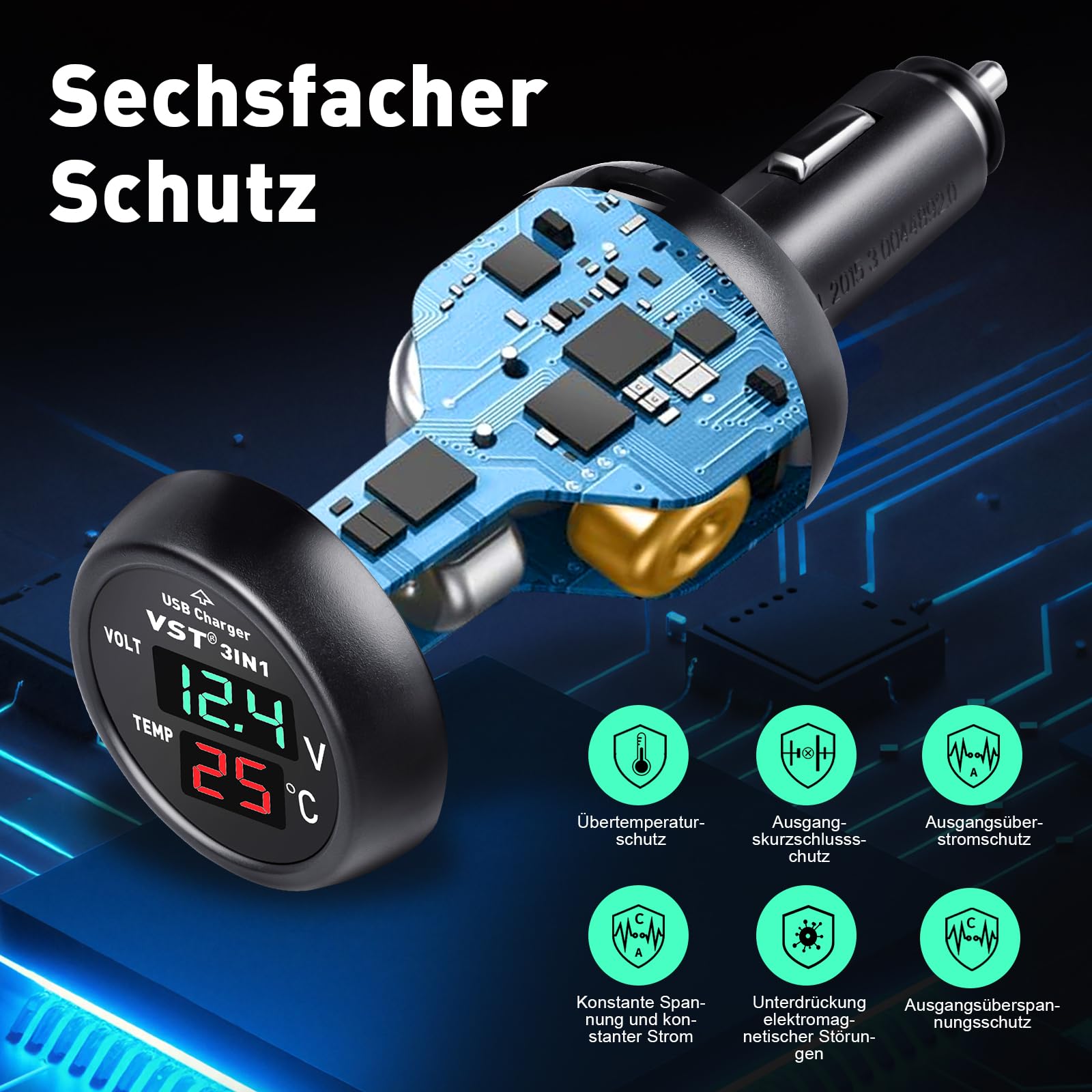 Ładowarka samochodowa USB 3 w 1, cyfrowy woltomierz, termometr, ładowarka USB do gniazda zapalniczki samochodowej, DC 12V 24V 36V monitor baterii, do samochodów osobowych, ciężarówek, autobusów