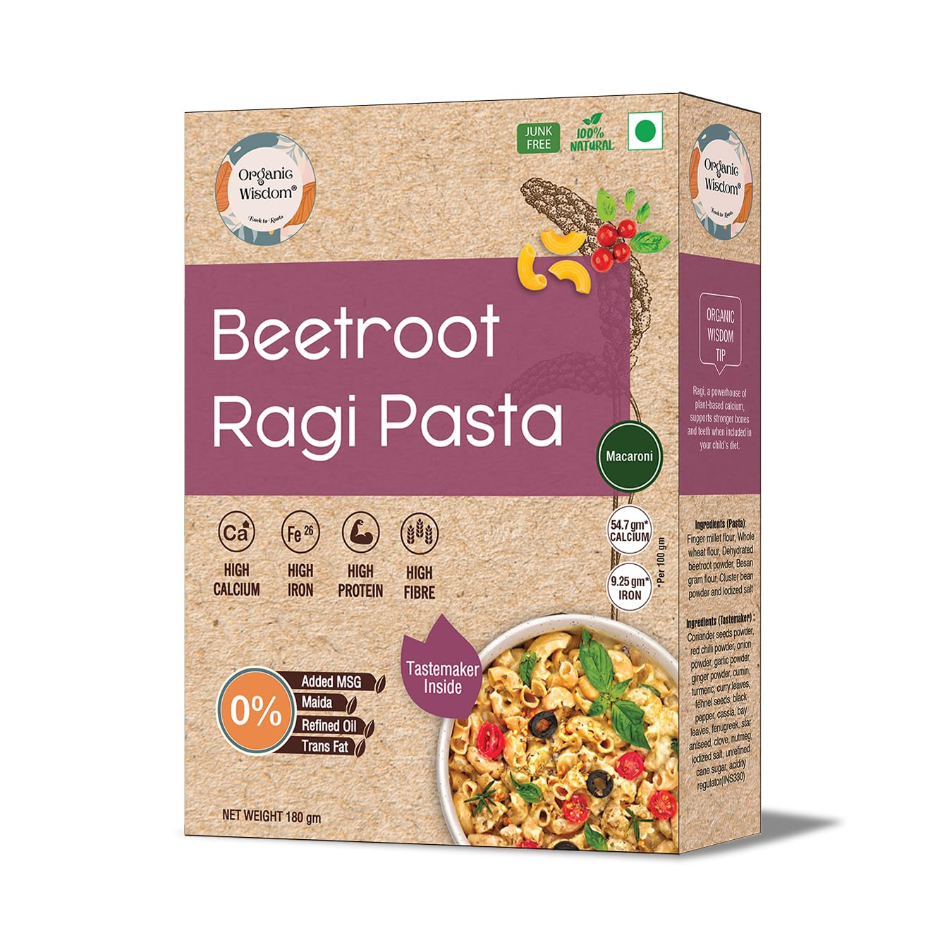 Organic Wisdom-Back to Roots Beetroot Ragi Pasta, 180g | No Maida, Not Fried, No MSG, No Preservatives | Sun Dried | Easy to make| Rich in Calcium & Iron