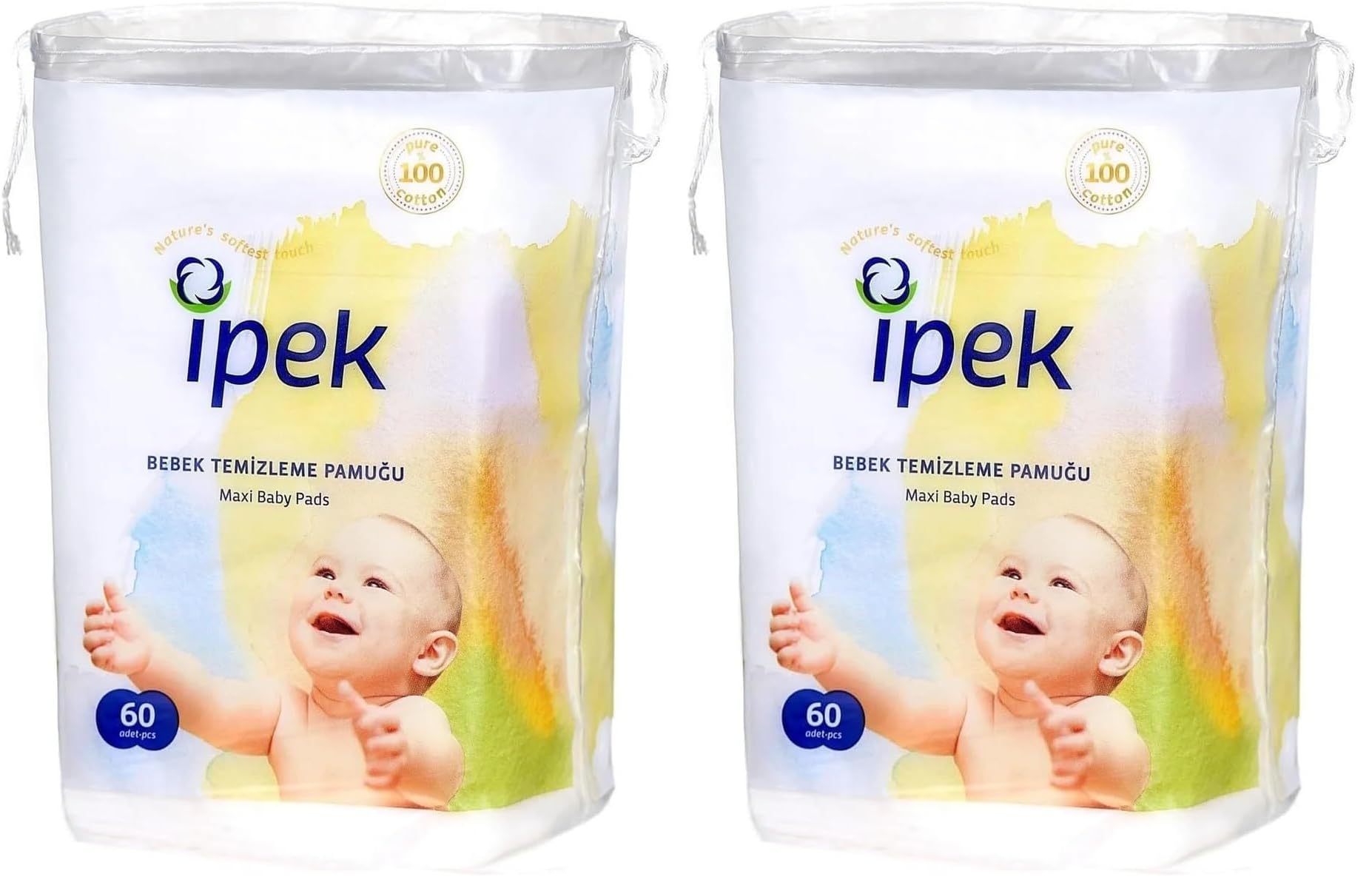 İpek Bebek Temizleme Pamuğu, Beyaz, 60 Adet 2li paket