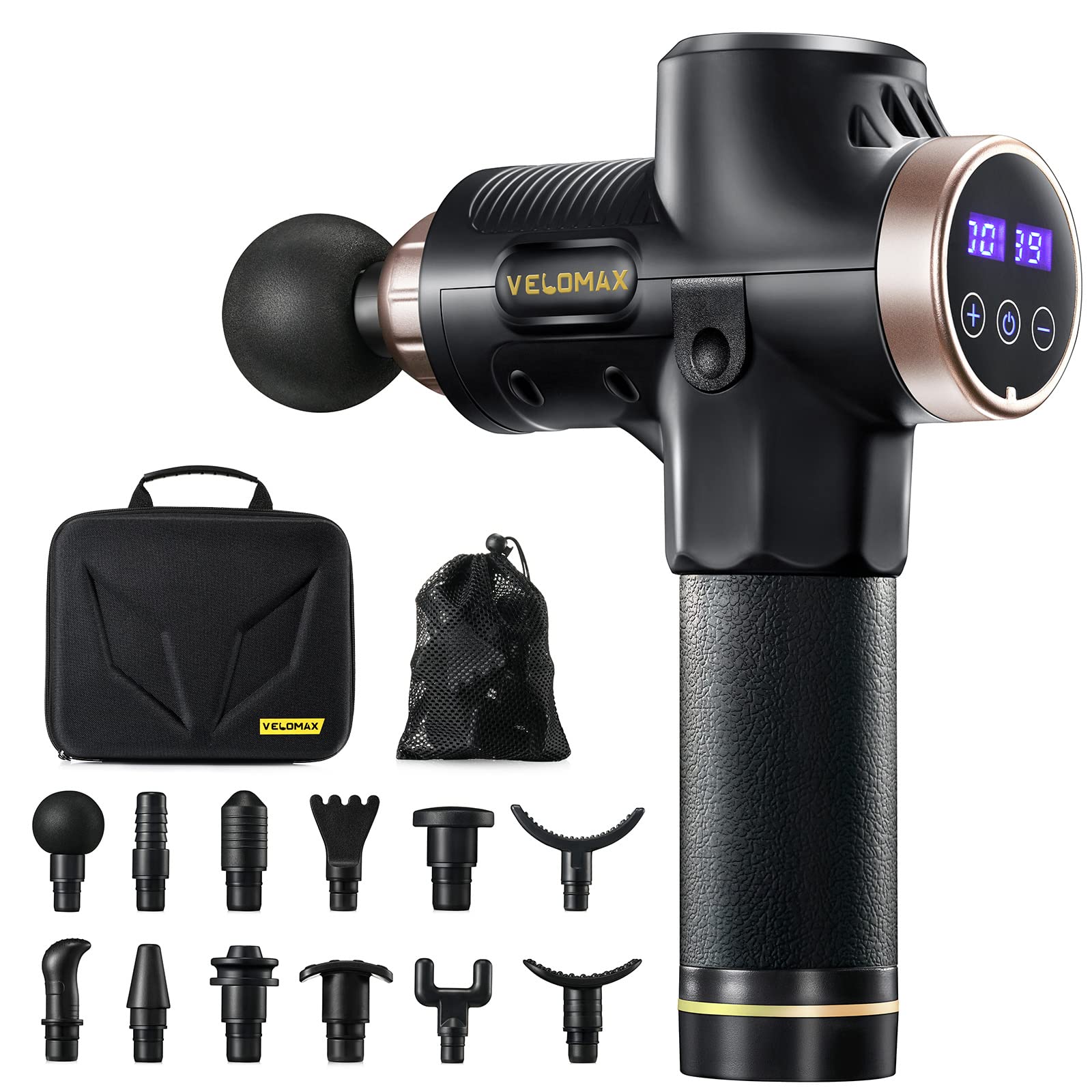 VELOMAX Brushless Professional Massage Gun Deep Tissue with 12 Massager Heads and Carrying Case, 12mm Amplitude 30 Speeds Massager Gun, Massager Machine for Pain Relief (Black and Gold) (B0BMYJZHPG) Amazon Price History, Amazon Price Tracker