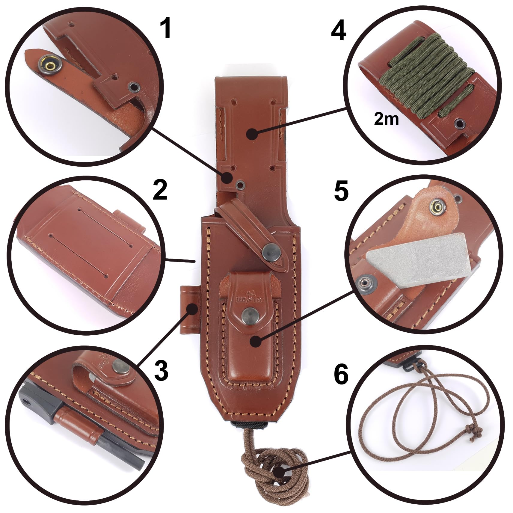 JEO-TEC Nº35 Nóż Bushcraft, nóż do paska na zewnątrz, nóż myśliwski, nóż survivalowy wielofunkcyjny , stałe ostrze, MOVA-58, z naturalna skorzana osłona + krzesiwo + ostrzalka do noży , recznie robiony w Hiszpanii