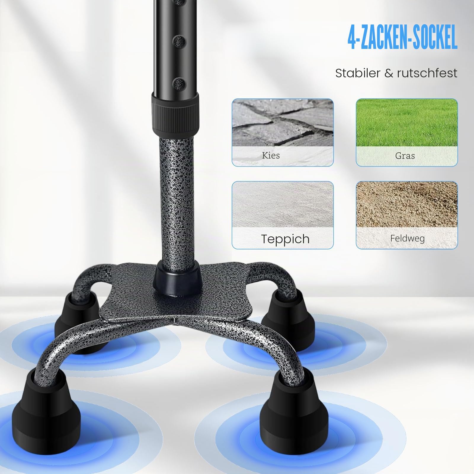 Gehstock Klappbar mit 4-Zinken-Basis & Doppelgriff - Verstellbare & Leichte Gehhilfe für Damen/Herren - Standfester Quad-Stock für Senioren & Erwachsene - Ergonomischer Weicher Griff