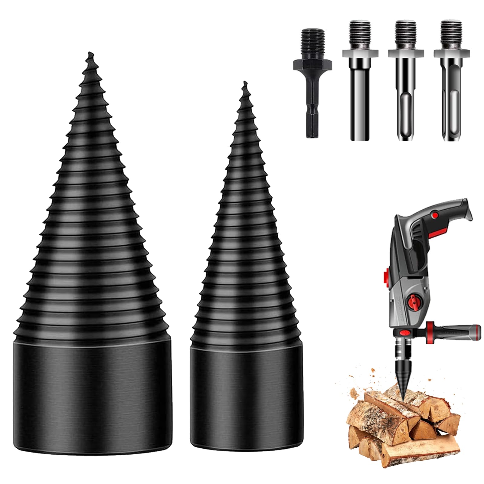 Brocas para Leña, 32mm+42mm Broca Divisora de Leña con 4 Mangos de Taladro, Cortador de Troncos, Taladro de Cono para Partir Troncos de Madera para Hogar