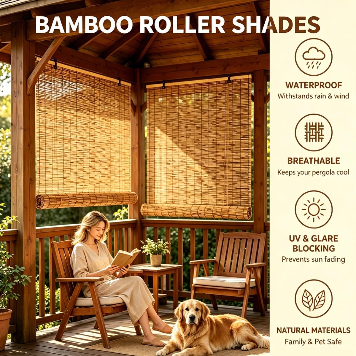Store Enrouleur en Bambou Exterieur, Stores Occultant sans Percage, Rideau Bambou Intimité 50 60 80 100 120 150 180 200 cm, Rideau de Roseau Liftable avec Levage(W120 cm x H180 cm)