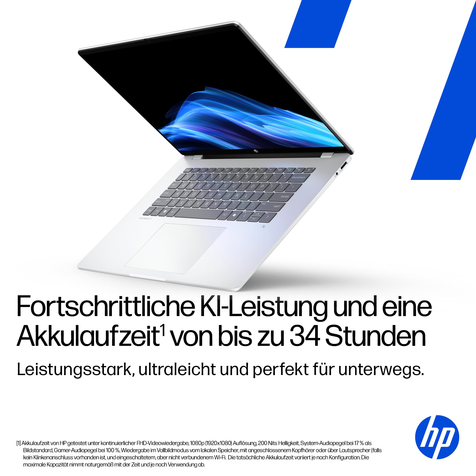 HP OmniBook 5 Next Gen AI Laptop PC, 16 Zoll 2K OLED Touch, Snapdragon X1-26-100 Prozessor (45 NPU-Tops), 16 GB LPDDR5x RAM, 512 GB PCIe SSD, Qualcomm Adreno GPU, Windows 11 Home, QWERTZ, Silber