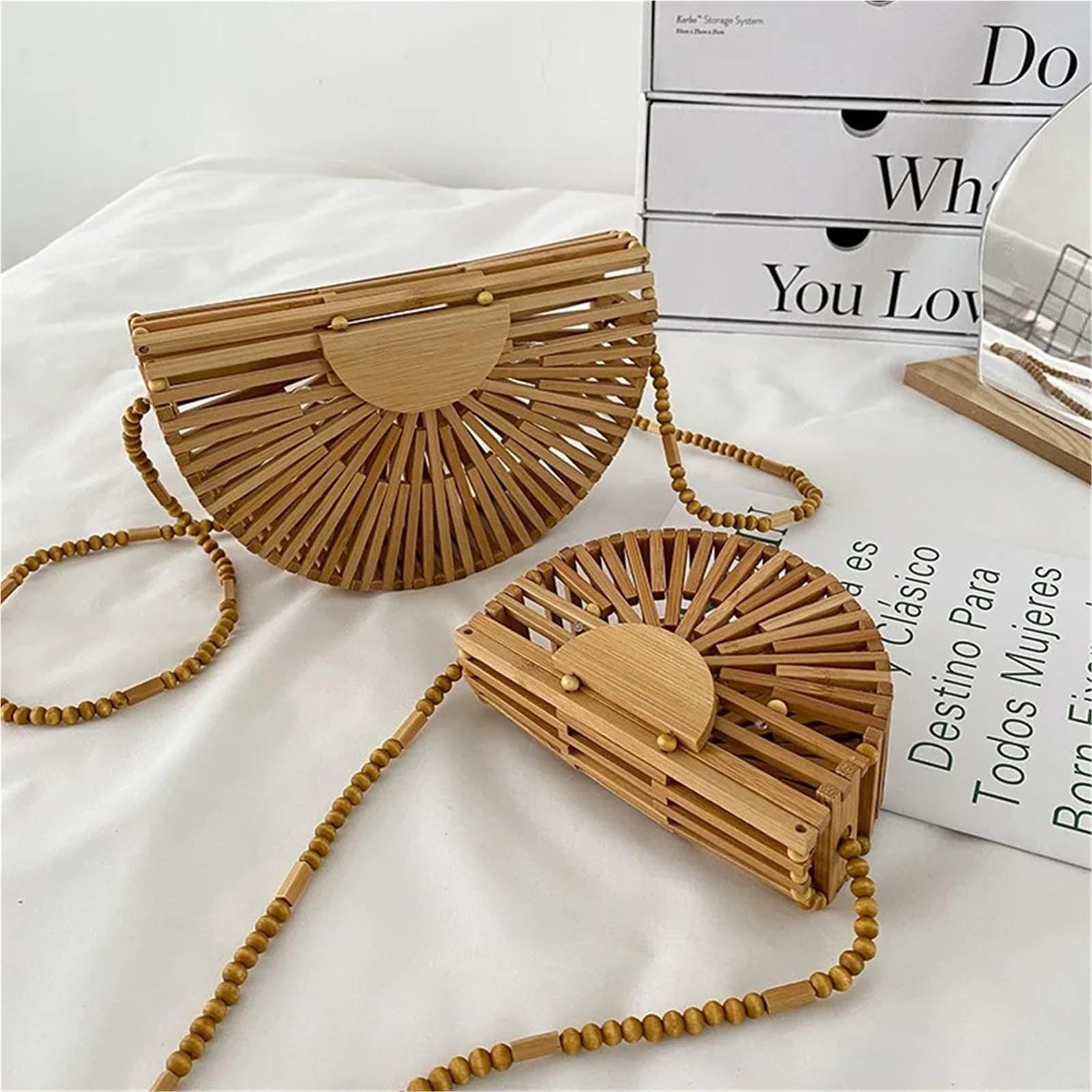 Bolsos de Paja Bolso bandolera de madera media luna for mujer, bolso paja tejido bambú for playa verano, pequeño ratán for teléfono, mini
