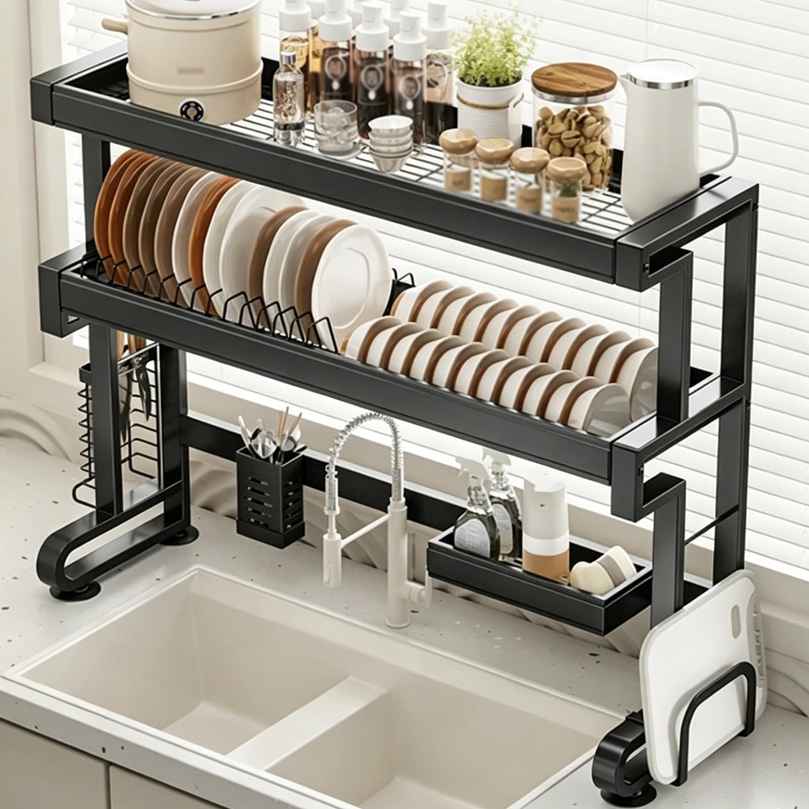 Escurridor de platos sobre el fregadero, organizador de cocina de acero al carbono de doble capa, estante que ahorra espacio para platos, vasos, cuencos y cubiertos, 76 cm