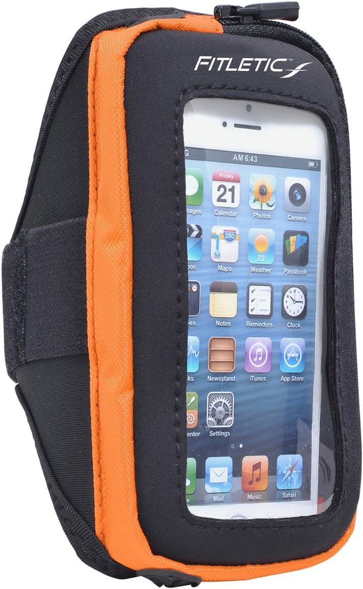 Fitletic Running Armband for Running Hiking Exercise Wallet iPhone and Galaxy Phone Compatible Black & Orange L/XL- Pace