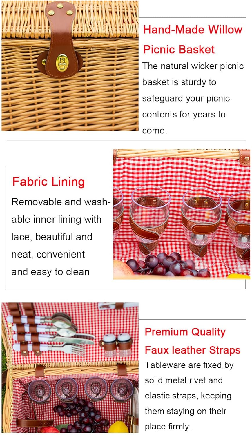 AADECOR Wicker Picnic Basket Set for 4 Persons, Willow Hamper with Liner, Willow Picnic Hamper Basket with Cutlery Service Kits for Camping, Outdoor, Valentine Day, Thanks Giving, Birthday