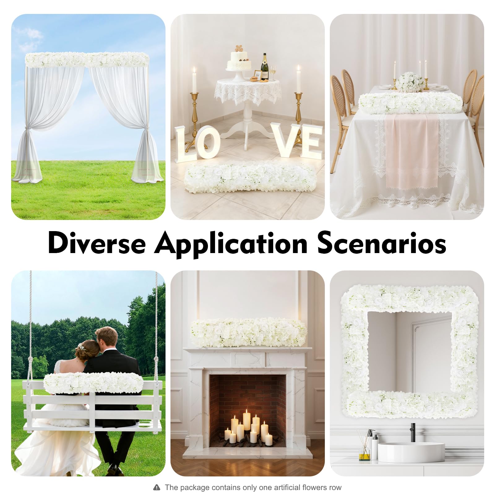 100x25cm Künstliche Seidenblumenreihe weiß aus Seide & Perlenwatte formbar realistisch pflegefrei gemischte Blüten innen außen für Hochzeit Party Restaurant Treppe Bogen Schaufenster
