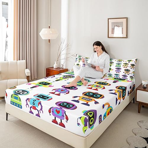 Miniatura 5 de Erosebridal Juego de sábanas de robots espaciales coloridos para niños, juveniles, reinas, caricaturas, futurista, sábana bajera ajustable, suave,