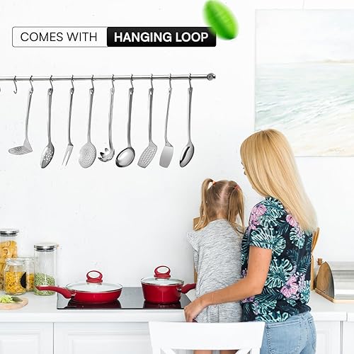 Miniatura 5 de Juego de 9 utensilios de cocina de acero inoxidable de alta calidad, utensilios de cocina de metal, antiadherentes, resistentes al calor, cucharón,