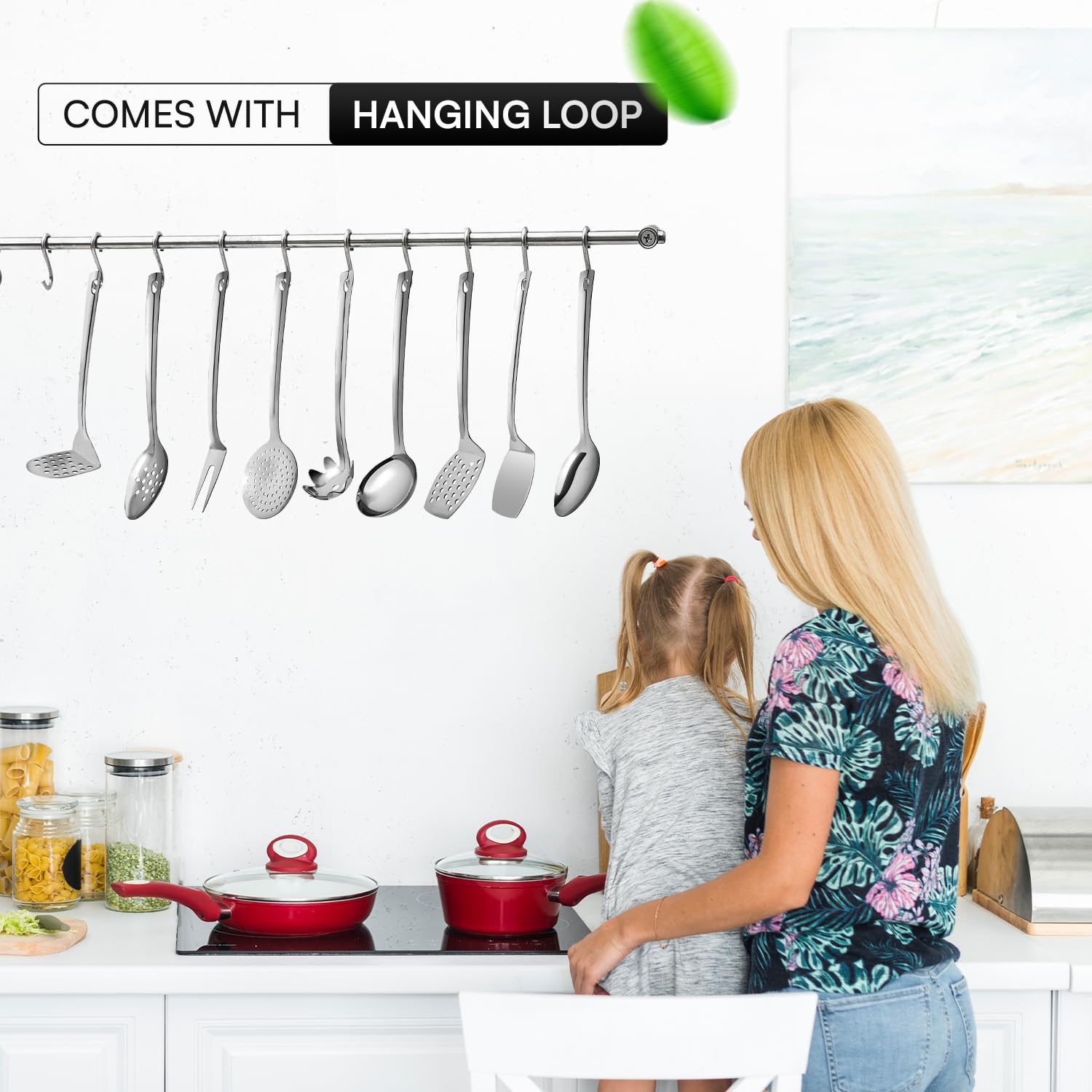 Edelstahl Kochutensilien Set 9-tlg Metall Küchenhelfer Set 33cm | Hochwertige Kochutensilien, hitzebeständig, spülmaschinenfest, strapazierfähig