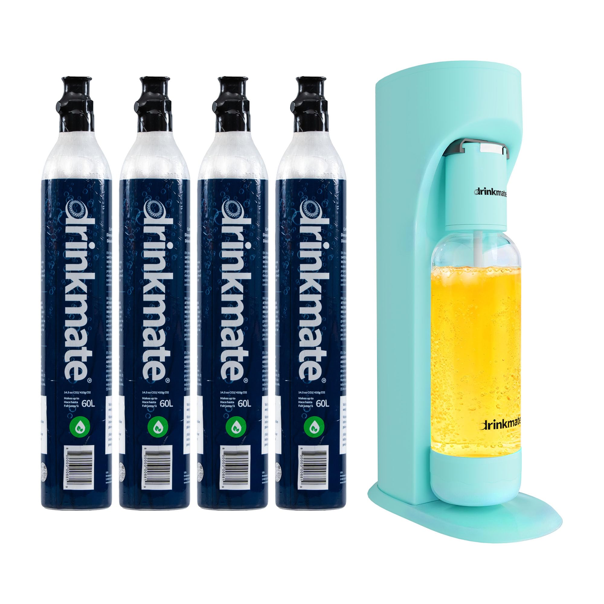 Drinkmate OmniFizz Sparkling Beverage Maker CO2 Bundle - Sparkling Water/Soda Streaming Machine That Carbonates Any Drink - Includes 4 CO2 Cylinders, 1 Carbonation Bottle, 1 Fizz Infuser - Arctic Blue