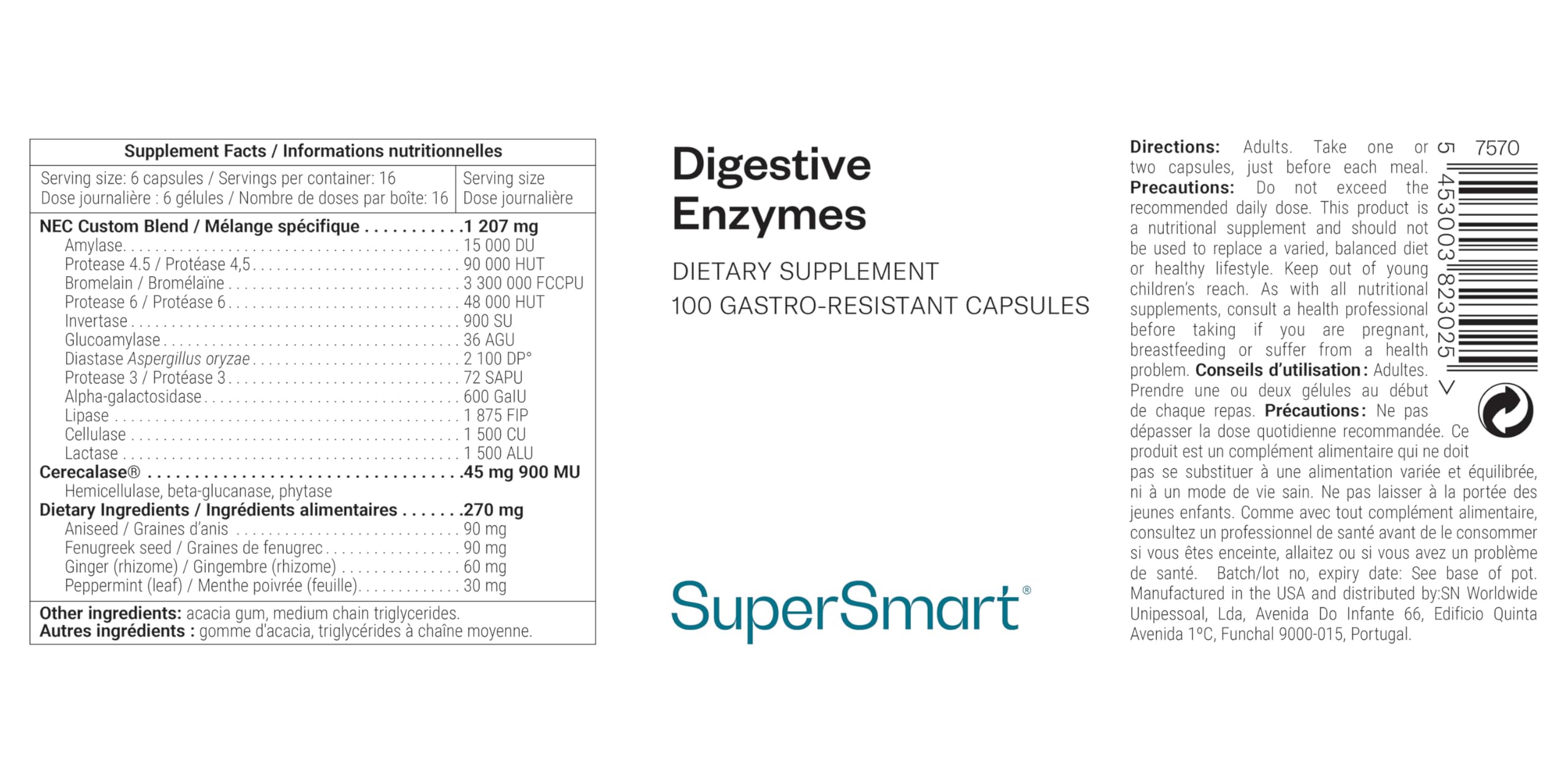 Enzymes Digestives & Fenugrec 15 enzymes digestives Idéal ballonnements flatulences Digestion lactose Vegan 100 DrCaps™ Supersmart