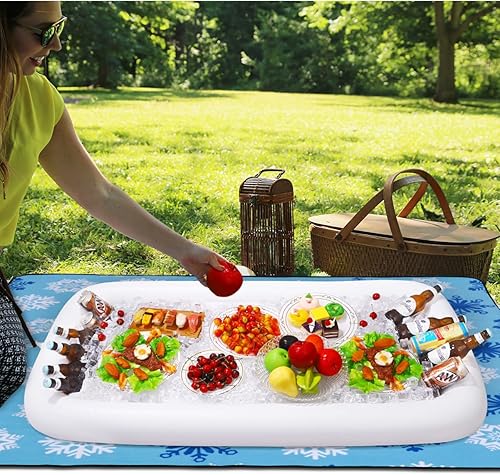 Miniatura 5 de Hemoton Juego de barra inflable y tienda de campaña de malla para alimentos, 1 buffet rectangular, 1 bandeja cuadrada para servir ensalada, 3