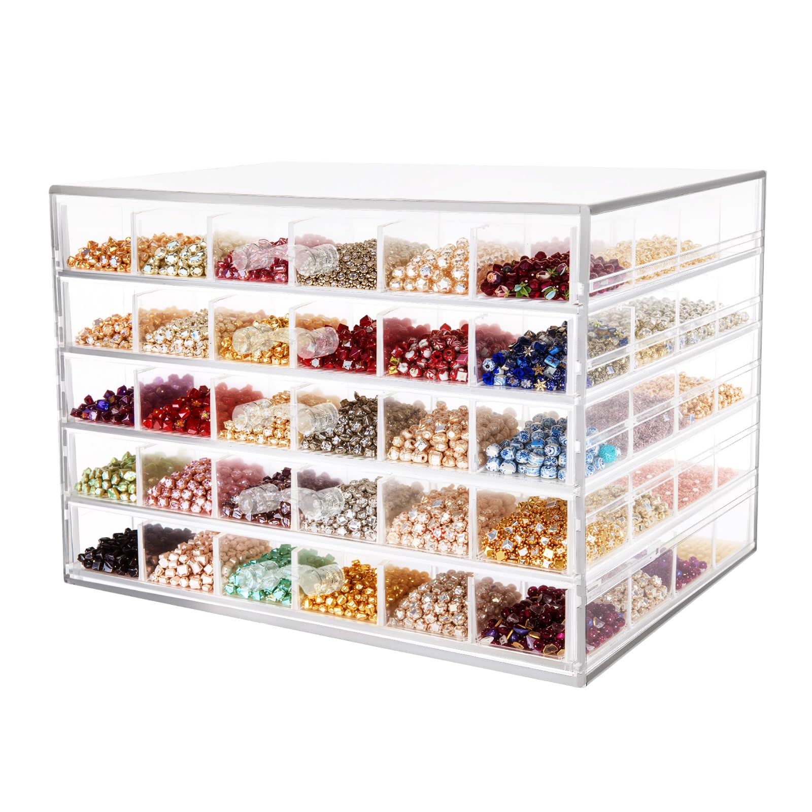 Scatola portaoggetti con scomparti e cassetto, 5 ripiani, 120 scomparti, organizer trasparente per piccoli oggetti, oggetti fai da te, gioielli, 21,5 x 14,5 x 15 cm