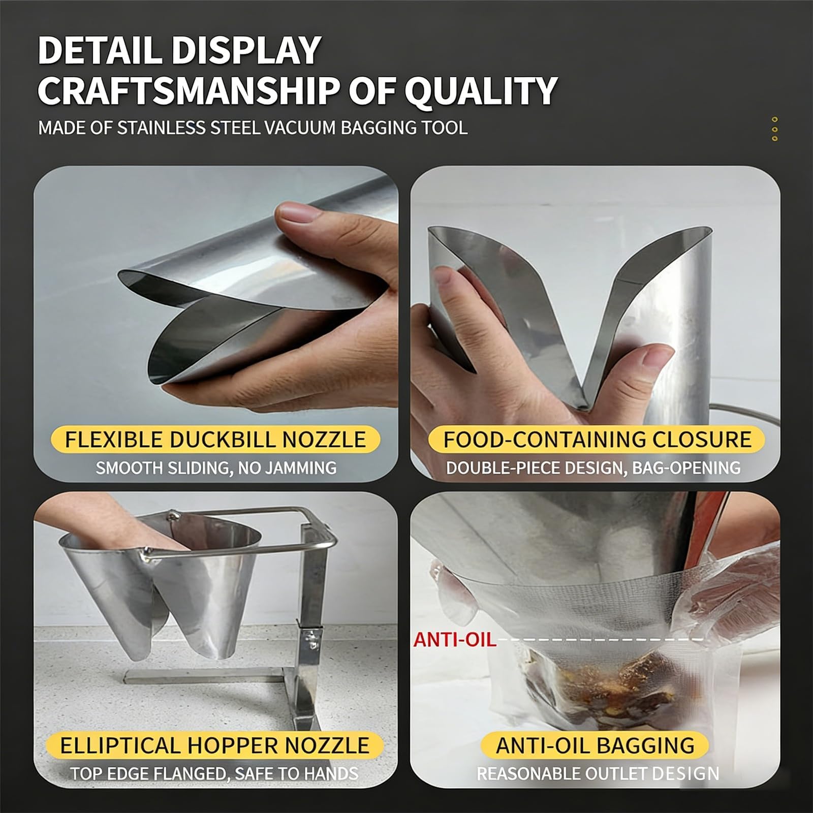 Tramoggia in Acciaio Inox, Imbuto di Alimentazione Manuale, con Staffa di Sollevamento da 33-53 cm, Apertura Flessibile e Compatibile con CNG, Adatta per Il confezionamento Alimentare e l'al