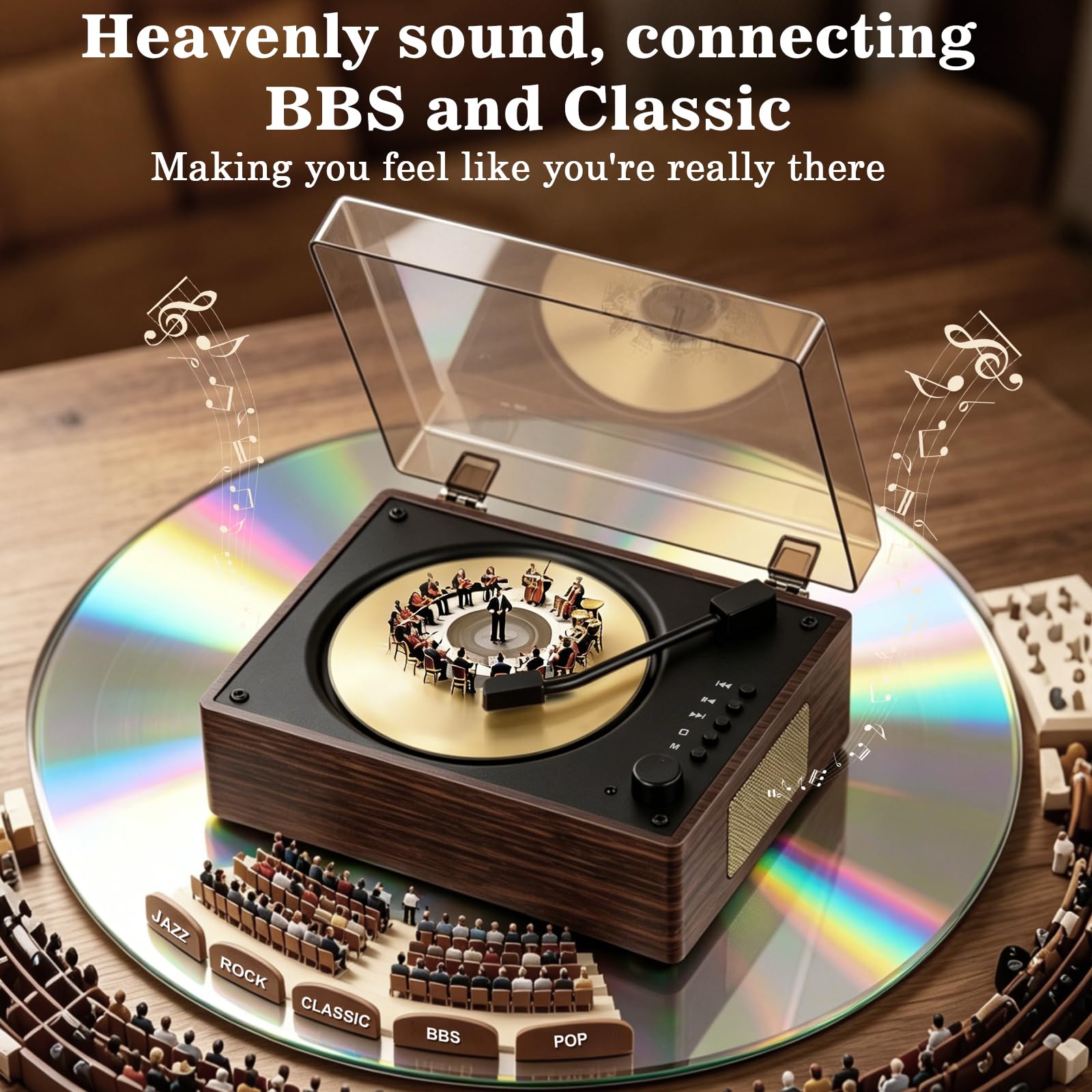 Lecteur CD Bluetooth 5.3 avec grain de bois pour la maison, lecteur de musique rétro de bureau, double haut-parleur Hi-Fi avec télécommande