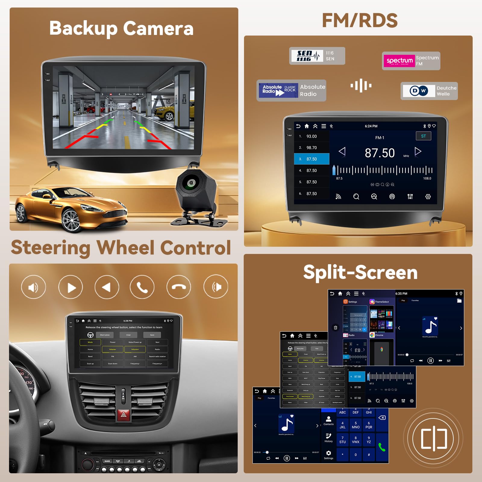 【4+128GB】 Hikity Radio Coche Android 15 para Peugeot 207 2006-2010 con Carplay Android Auto Inalambrico, 9'' Incell Pantalla táctil con BT/GPS/WiFi/FM/RDS+Cámara Trasera+Mic