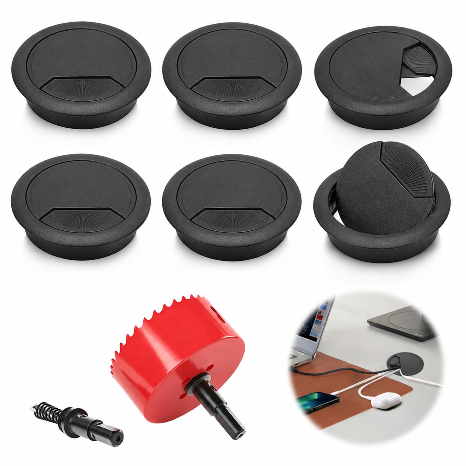 6 Pack 60mm Desk Cable Grommets with Hole Saw, Round Desk Cable Hole Cover, Office Desk Wire Organiser Insert, Plastic Table Cable Management Grommet for Computer Desk Worktop (Black)