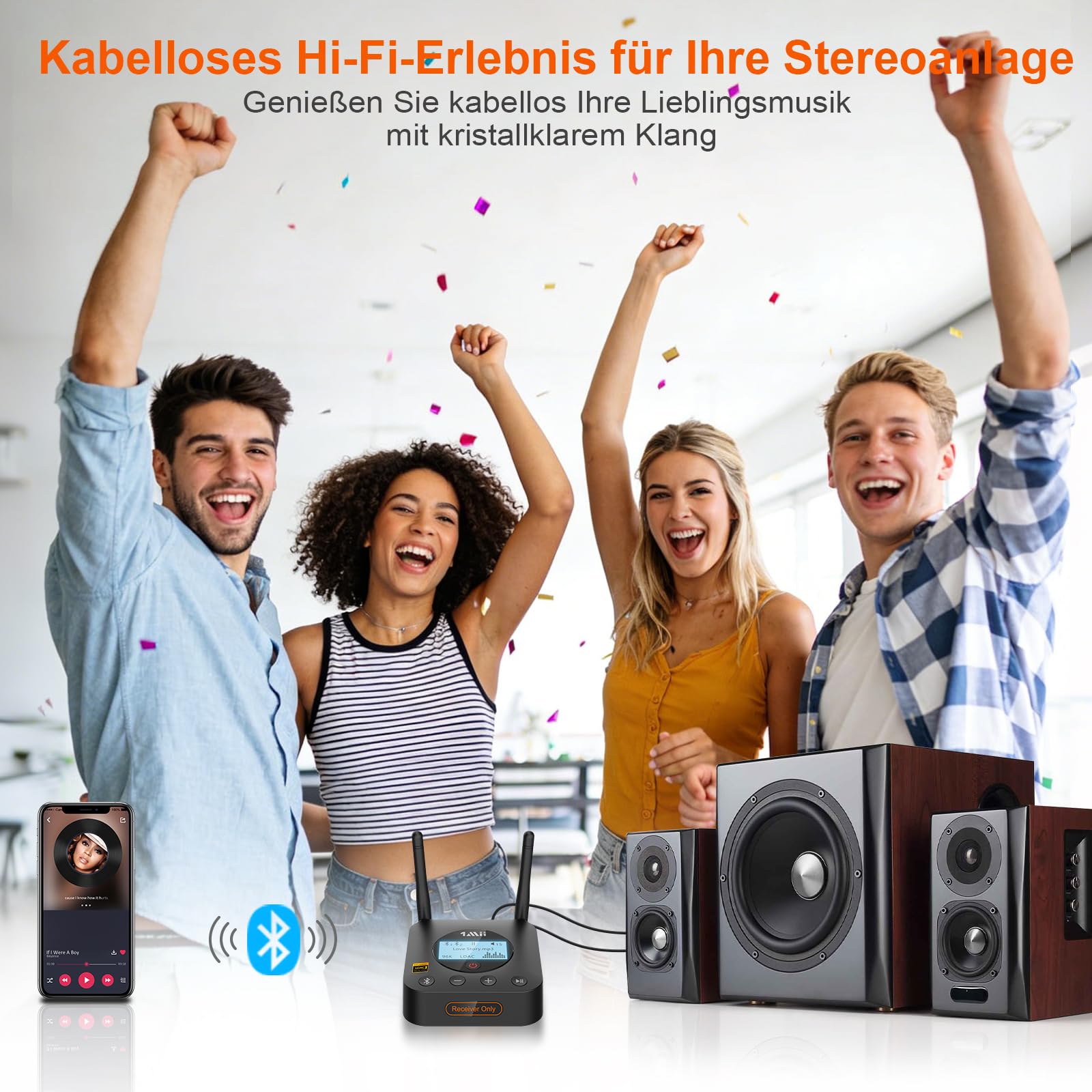1Mii B06Pro+ HiFi Bluetooth 5.3 Empfänger mit Hi-Res LDAC, aptX HD & Low Latency Bluetooth Audio Adapter für Stereoanlage Lautsprecher, Lautstärkeregler und LCD Display, Optischer 3.5mm AUX