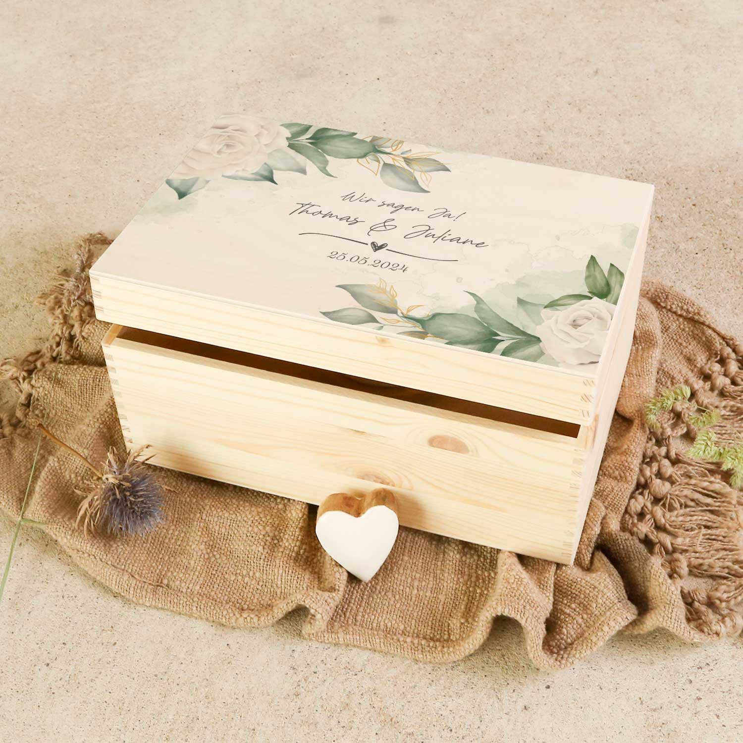 GRAVURZEILE Personalisierte Erinnerungskiste mit UV-Druck - Wedding Love Design - Personalisiert mit Namen & Datum - Erinnerungsbox für das Brautpaar - Geschenk zur Hochzeit
