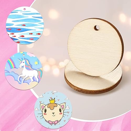 Miniatura 4 de 100 piezas de discos de madera redondos sin terminar con orificios para manualidades, discos de madera circulares en blanco para bricolaje, cortes