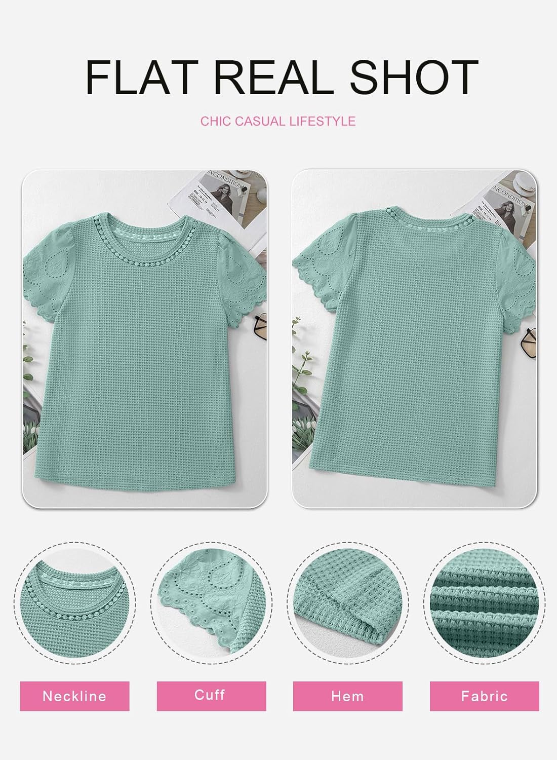 SHEWIN Womens Frenchy Summer Tops Crewneck Short Sleeve T Shirts Casual Waffle Knit Jacquard Blouses Top Shirts - Image 8