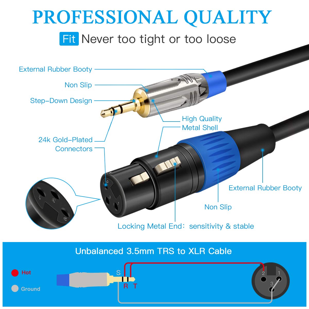 JOLGOO XLR to 3.5mm Cable, Unbalanced XLR to 1/8" Stereo Plug Microphone Cable, 4.5 M for iPhone iPod, Computer, Video Camera - Image 4