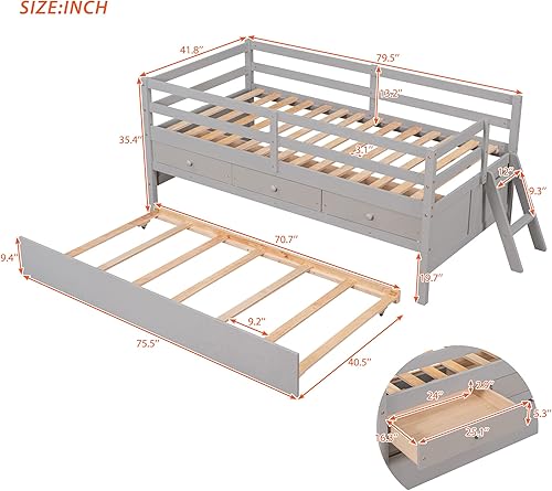 Miniatura 87 de Quarte Sofá cama multifuncional de tamaño individual con nido y estantes plegables en ambos lados, sofá cama con marco de madera y listones, para
