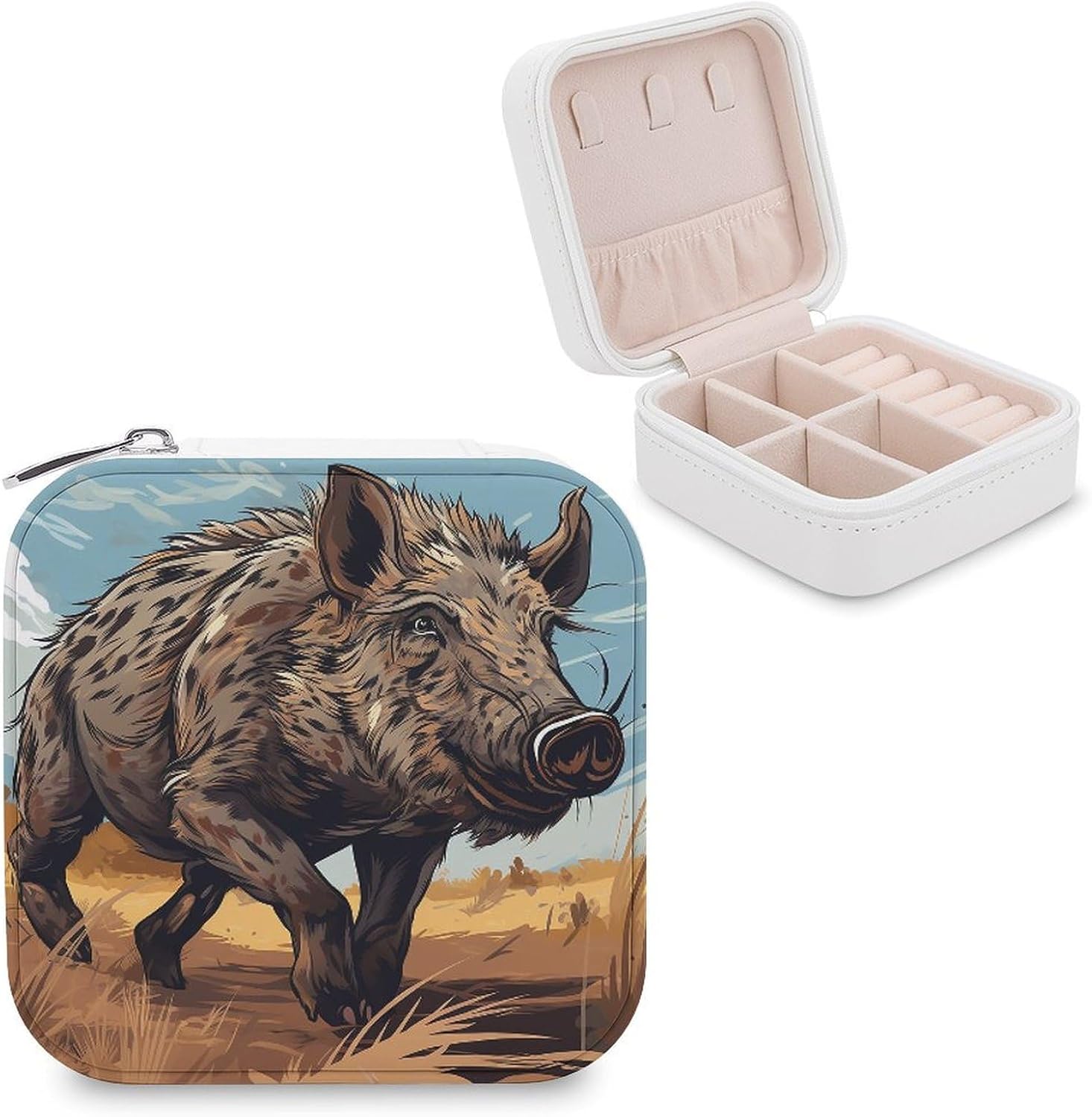 PU Leather Storage Box,Cartoon Wild Boar Printed Portable Jewelry Box Mini Travel Storage Box Women's Jewelry Storage Rack for Necklace Earrings Bracelets Rings
