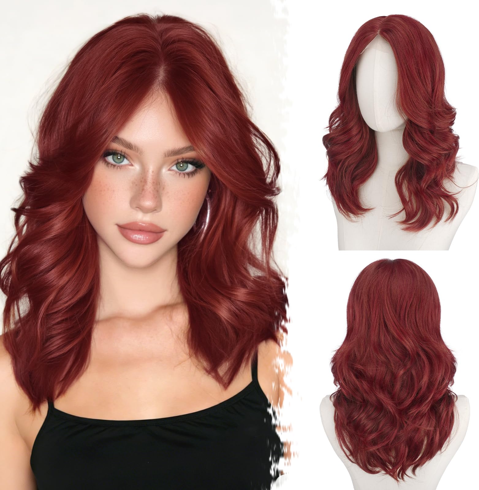 BARSDAR Corta Ondulada Cobrizo Rojo Peluca, 40cm Shoulderlongitud Cobrizo Pelucas para Mujer Corta Wave Layered Peluca con Face-Framing Curtain Bangs Aspecto Natural Sintética Pelucas de Pelo Party