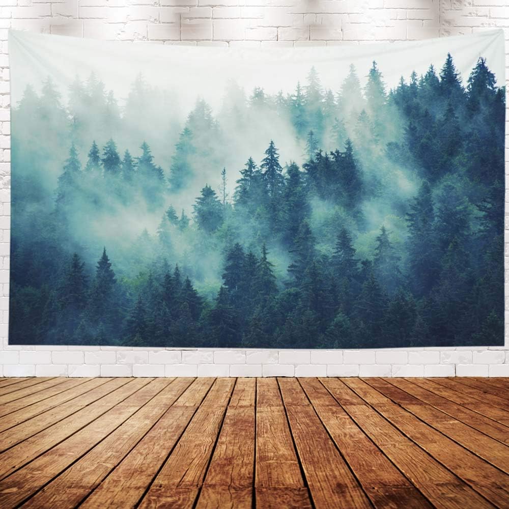 EMMTEEY Forest Tapestry Wall Art - Misty Pine Tree Landscape with Foggy Mountain, Large 92.5x70.9 Inch Nature-Themed Decor for Living Room Bedroom Indoor Spaces