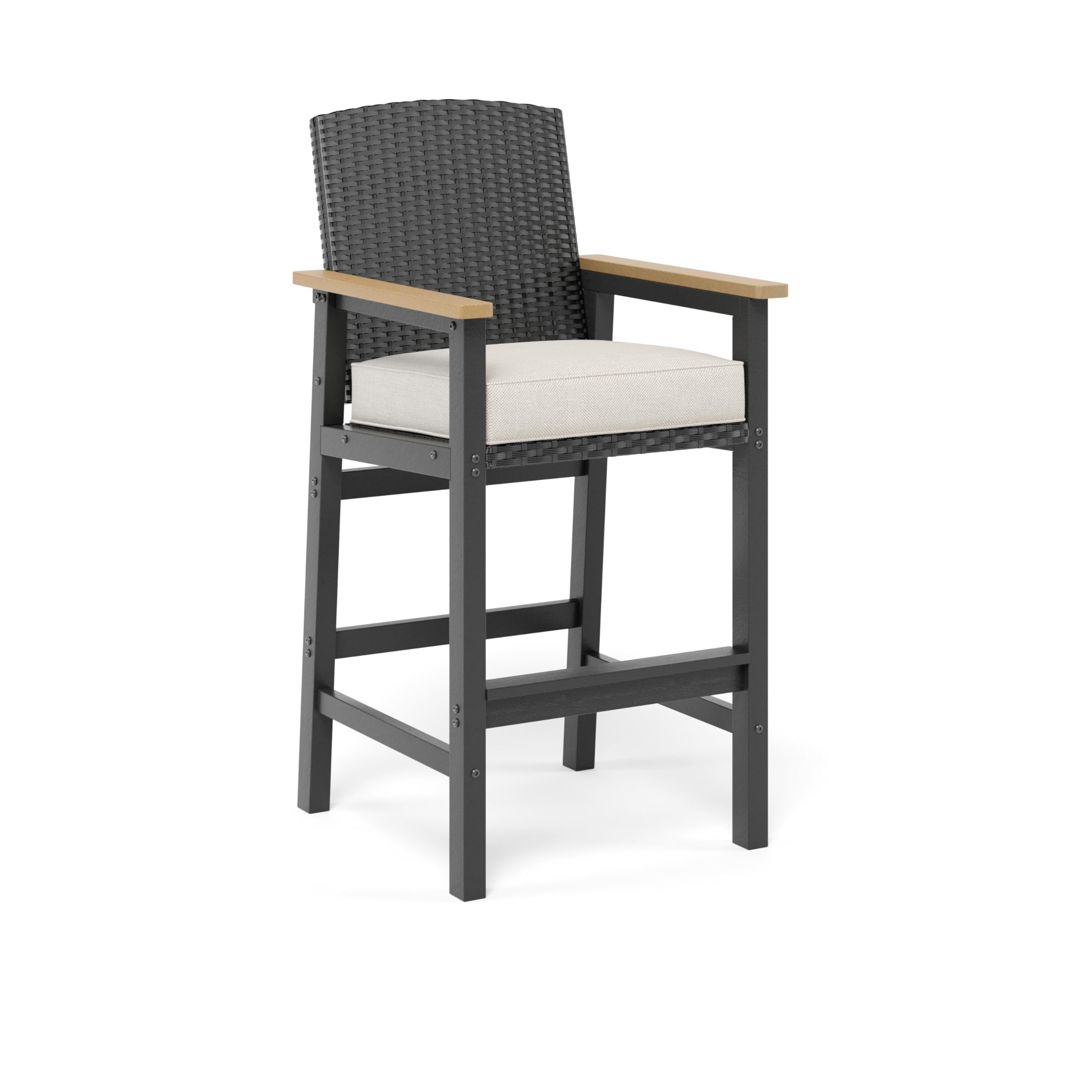 PHI VILLA 3-teiliges Bartisch mit Barhocker Set, Outdoor Barmöbel Garten Bartisch Set mit Rattan Hocker und Tischplatte in Holzmaserung, Bar Tisch mit 2 Stühlen für Terrasse