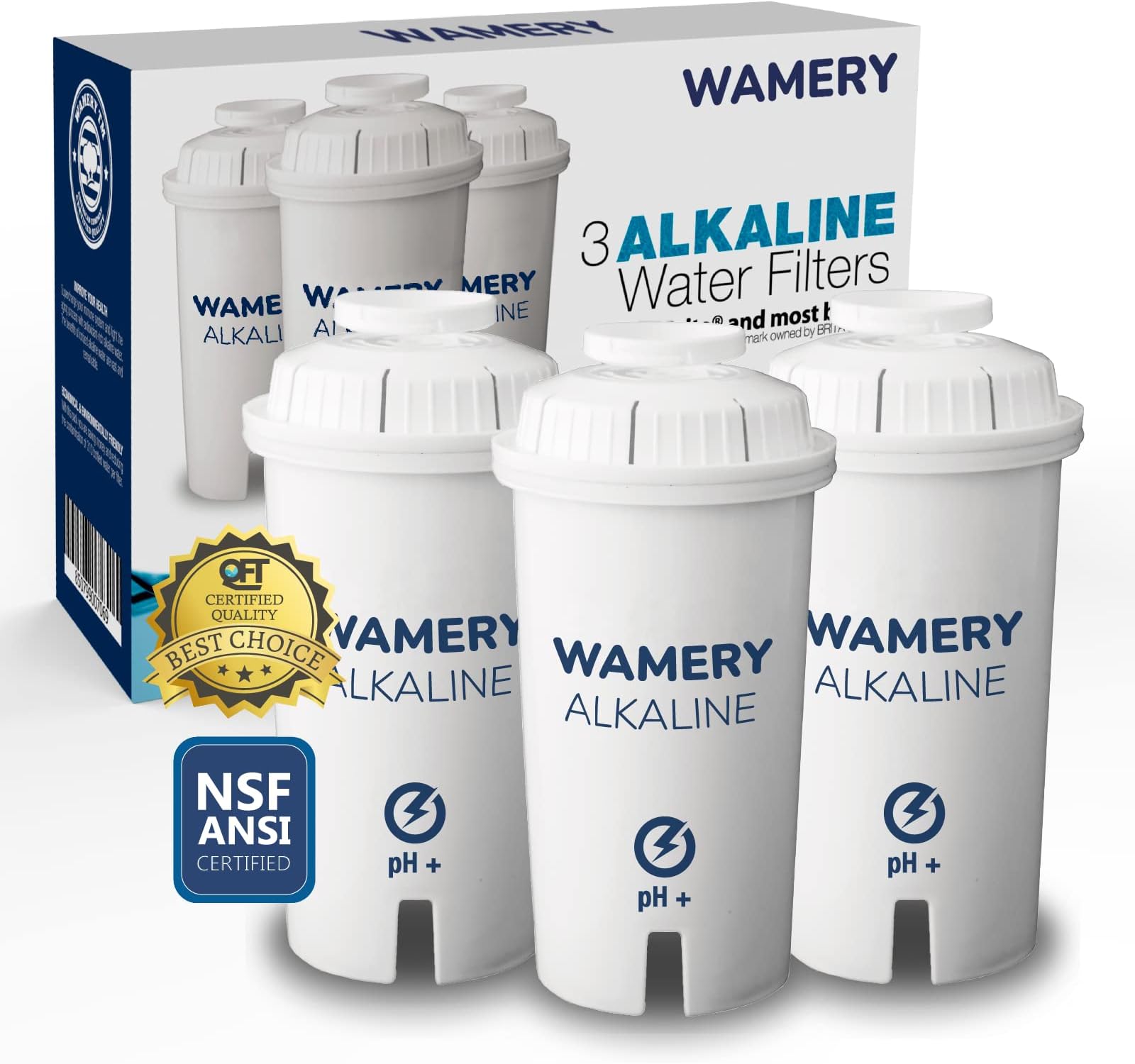 Wamery Alkaline Pitcher Water Filter Replacement for Brita Pitchers - 3 Pack, Improves pH & Taste, 42‑Gallon Each, Coconut Activated Carbon, Leak‑Free Fit, Easy Install
