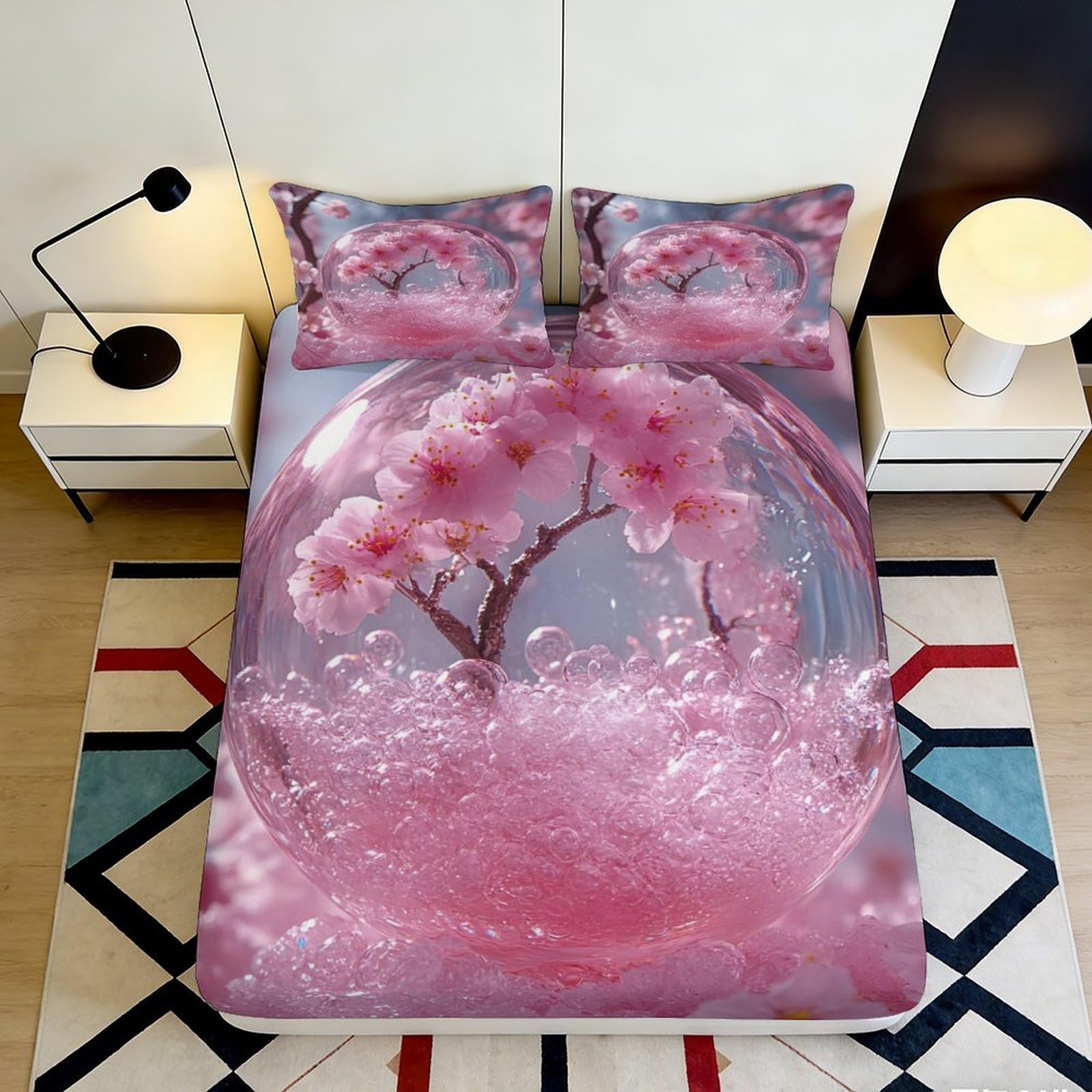 3D Printed Sakura Blossom Fitted Sheet Microfiber Soft Pink Bedroom Decor Cherry Tree Mattress Cover for Home 90x200x25cm