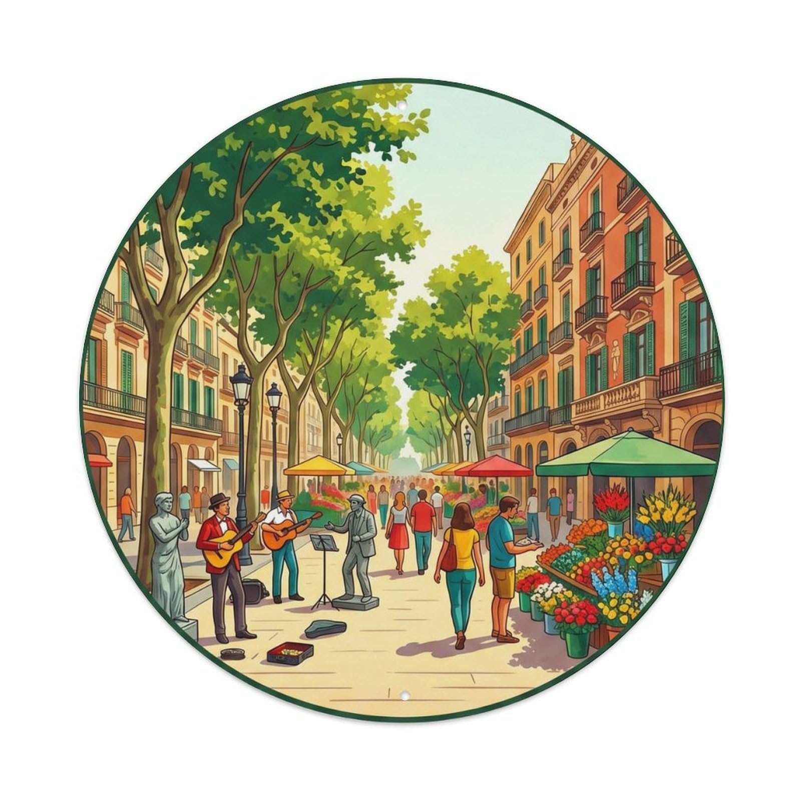 Barcelona La Rambla Explore Heritage Destination Scenic Metal Tin Sign Plaque Wall Decor for Cafe, Man Cave, Club Bar, Office, Home Garden Round Metal Poster 8x8Inch