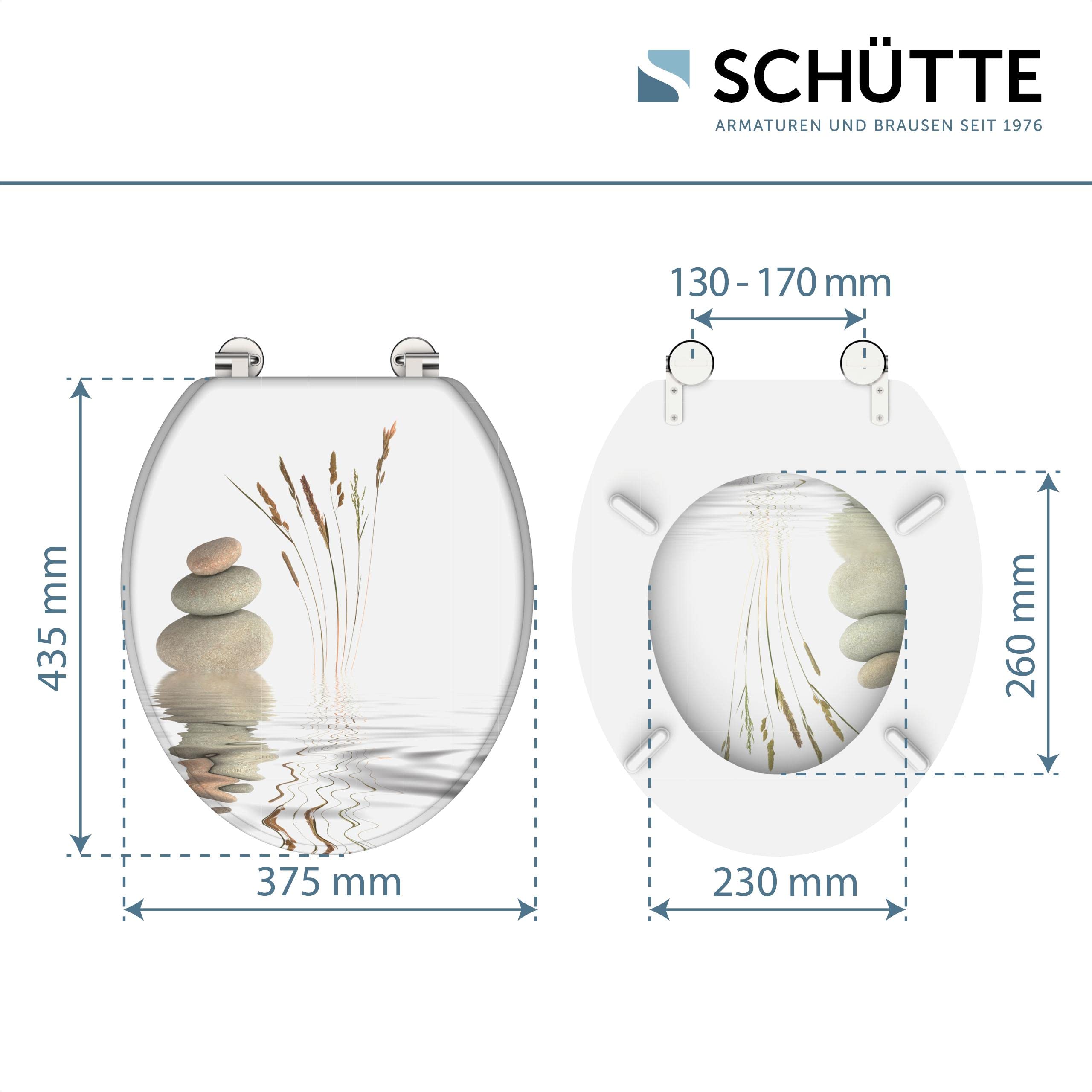 SCHÜTTE 80022 deska sedesowa z drewnianym rdzeniem, pasuje do wszystkich dostępnych na rynku muszli klozetowych, maksymalne obciążenie deski sedesowej 150 kg, motyw kamieni na okularach i pokrywie