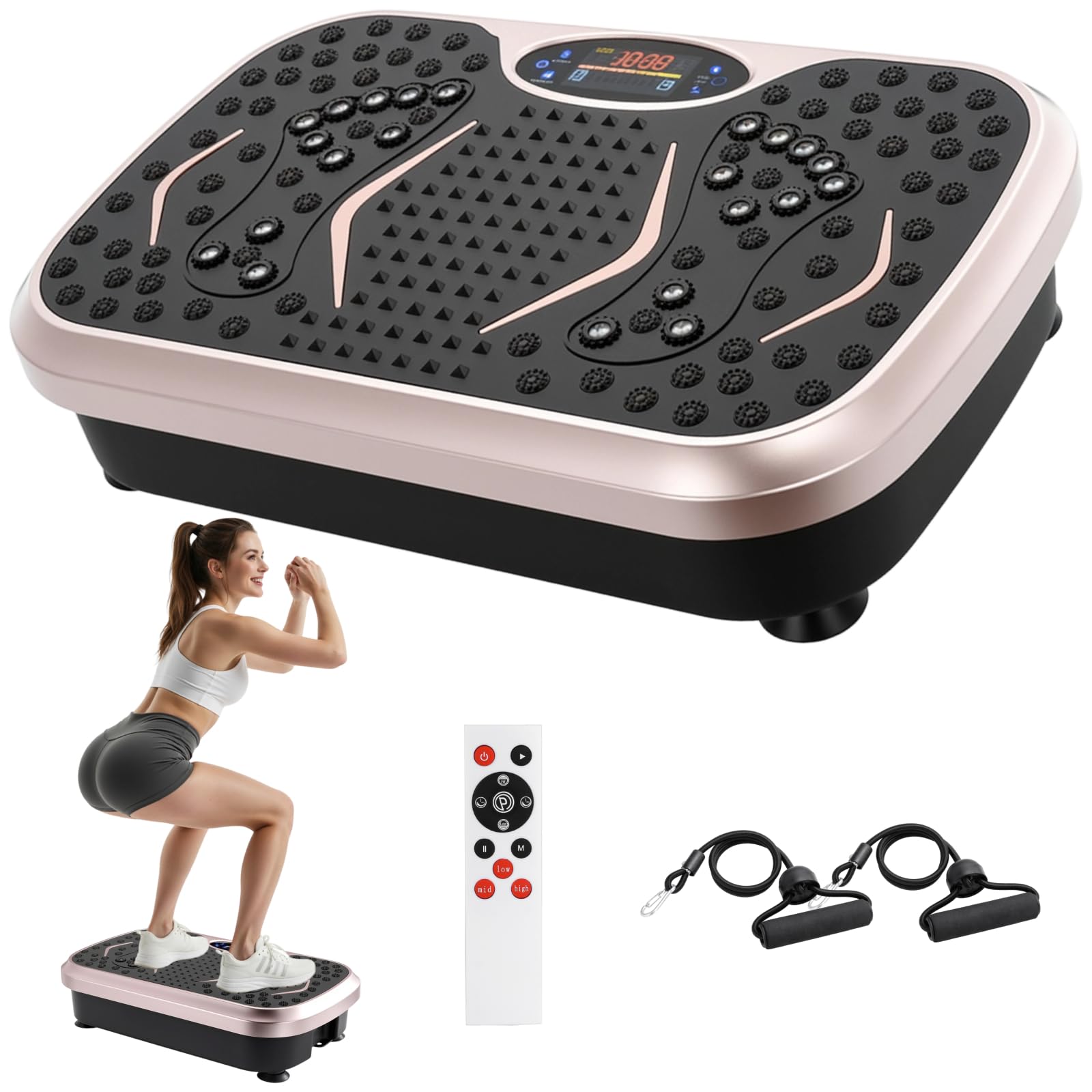 TLGREEN Vibrationsplatte 99 Stufen 5 Trainingsprogramme, Kompaktes Design, Leiser Motor, Trainingsbänder, rutschfest, Fitness Vibrationsboard für Zuhause, Fettverbrennung & Muskelaufbau, Champagner