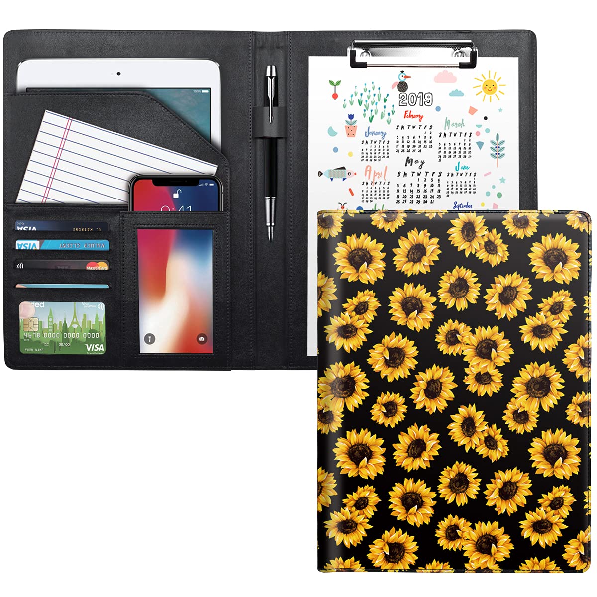 WAVEYU Portfolio Case for Women, Cute Padfolio Cover Folder, Conference/Resume/Legal Document Organizer with Letter/A4 Size Clipboard Hardboard, Business Card Holders, Document Sleeve, Sunflower — image 1