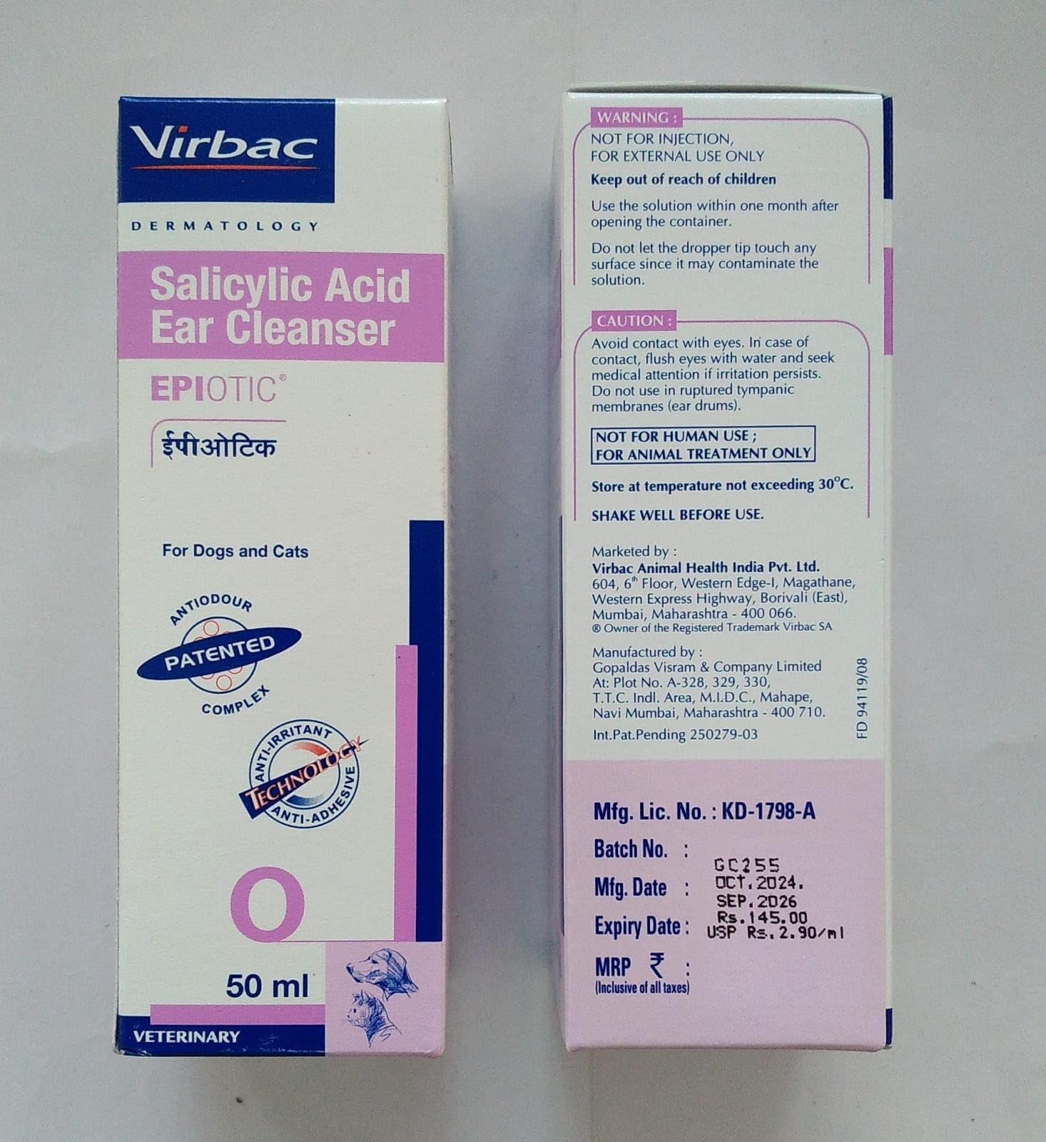 Virbac Epiotic - Ear Cleanser for Dogs and Cats - 50 ml - Pack of 2