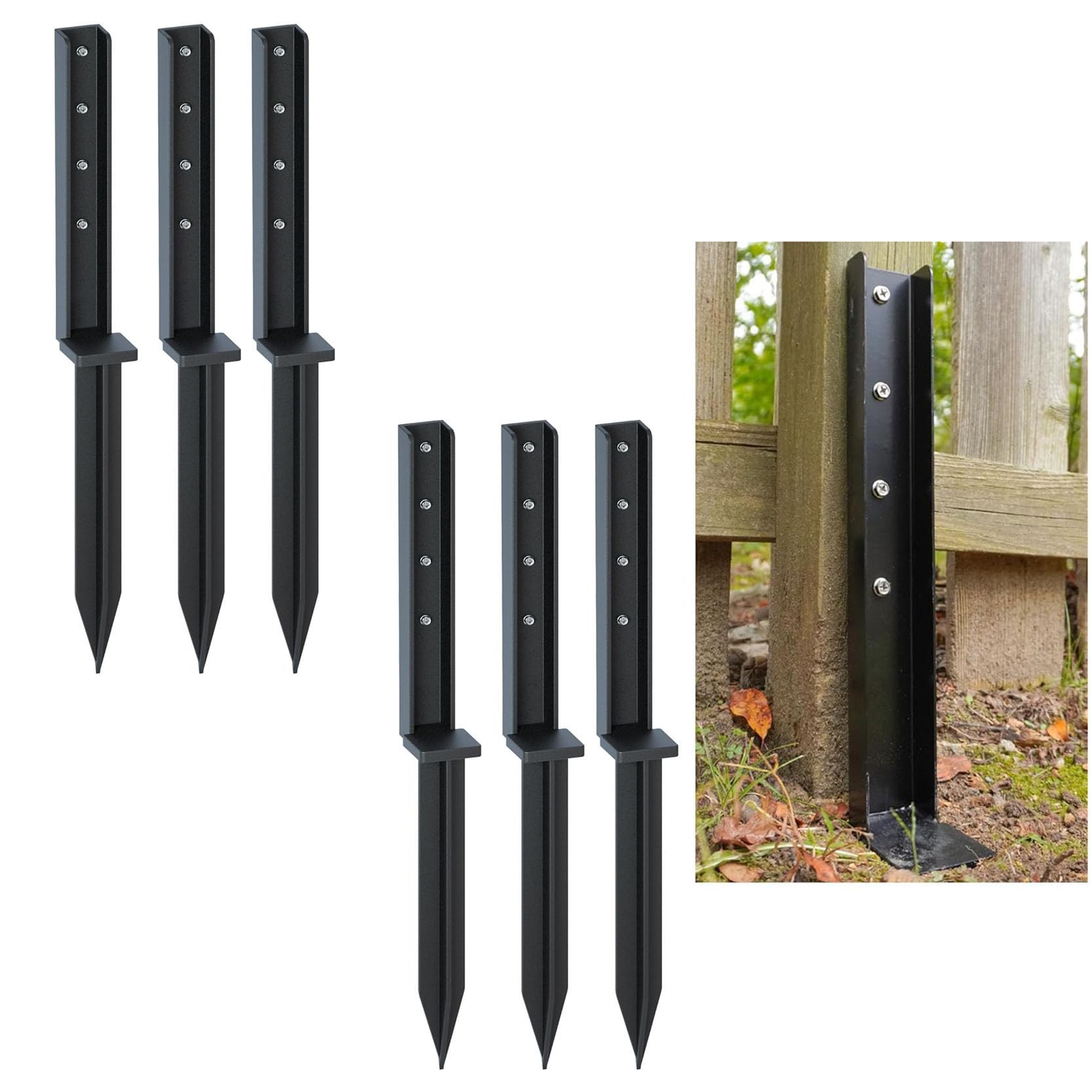 LQSYBHD Black Heavy Duty Steel Fence Post Repair Stake Fence Post Repair Kit Mailbox Post Anchor Bracket Fence Post Spikes for Tilted or Broken Wooden Posts (Size:6pcs)