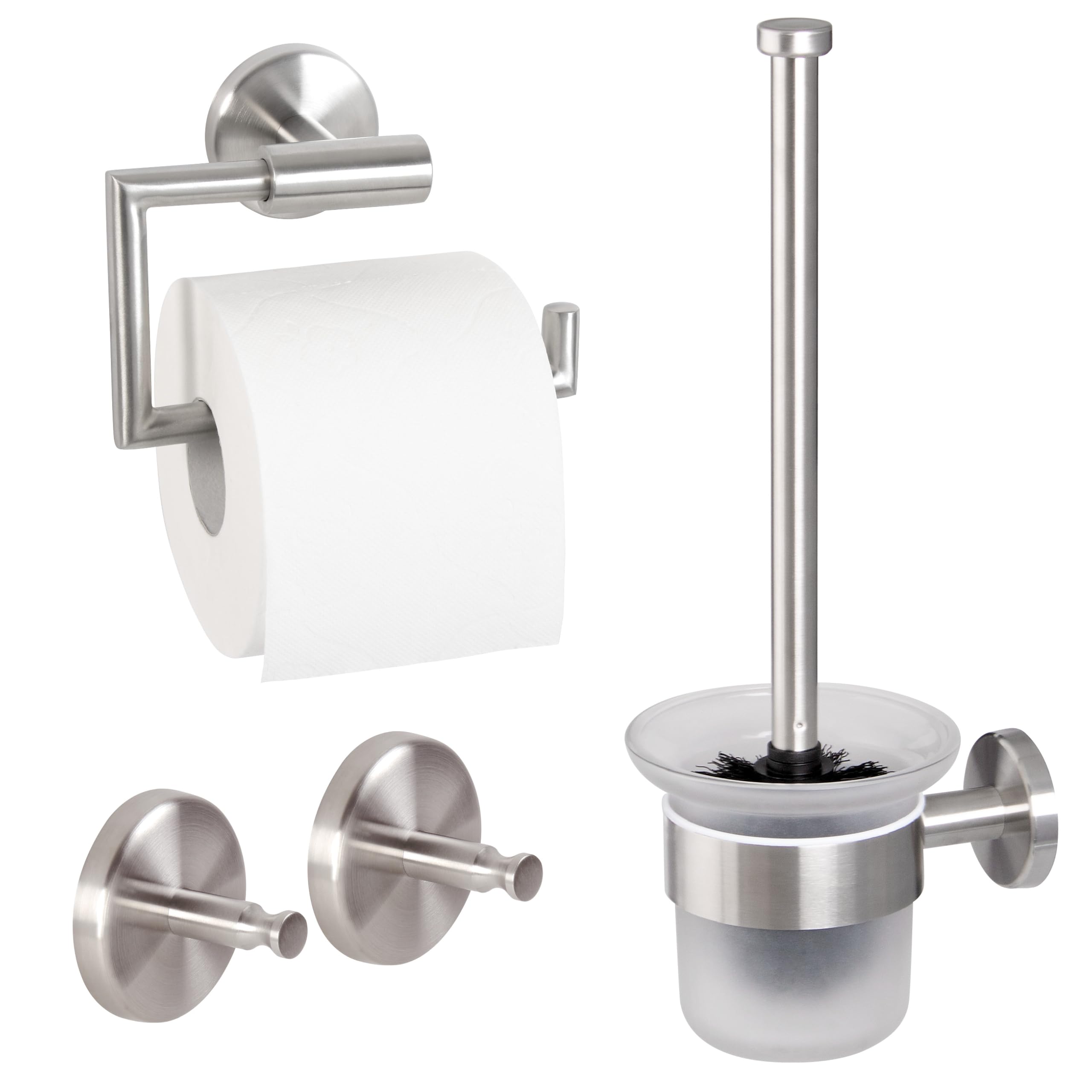 bremermann Bad-Serie Piazza - Badezimmer Zubehör-Set 3tlg. bestehend aus 1x Toilettenpapierhalter 1x Ersatzrollenhalter und 1x Handtuchhaken 2er Set, Badaccessoires aus Edelstahl matt