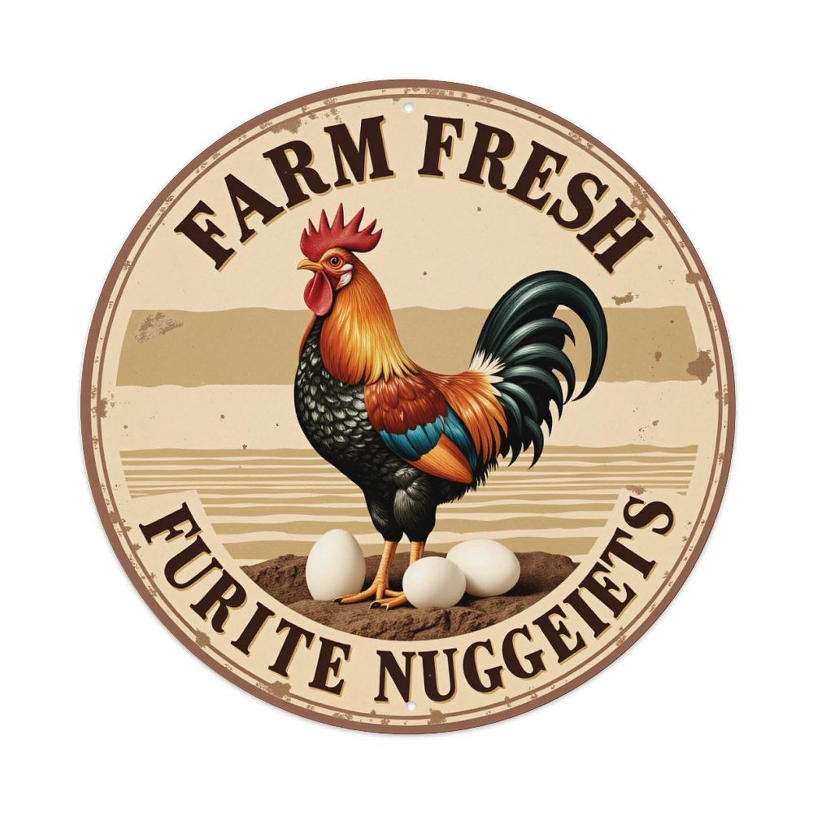 Farm Fresh Furite Nuggeits Rooster Eggs Round Tin Sign Vintage Metal Poster, Home Bar Garage Man Cave Cafe Indoor & Outdoor Wall Decoration 8x8Inches