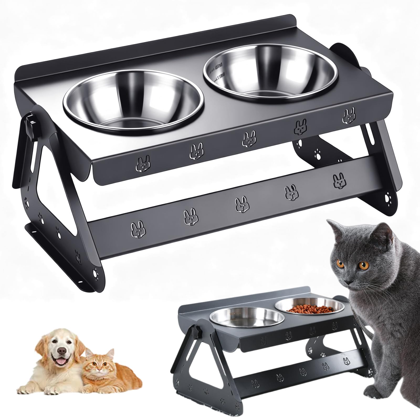 Ciotola rialzata in acciaio inox, mangiatoia per gatti con 2 ciotole in acciaio inox, design durevole per gatti e cani di piccola taglia