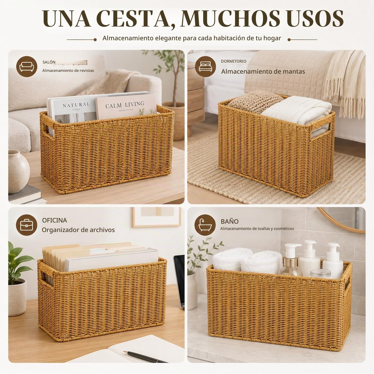 Healeved Cesta de almacenamiento tejida estilo ratán organizador de escritorio con asas huecas, cesta de almacenamiento de revistas, cesta para cosméticos, aperitivos y objetos pequeños, 14.96 x 10.24