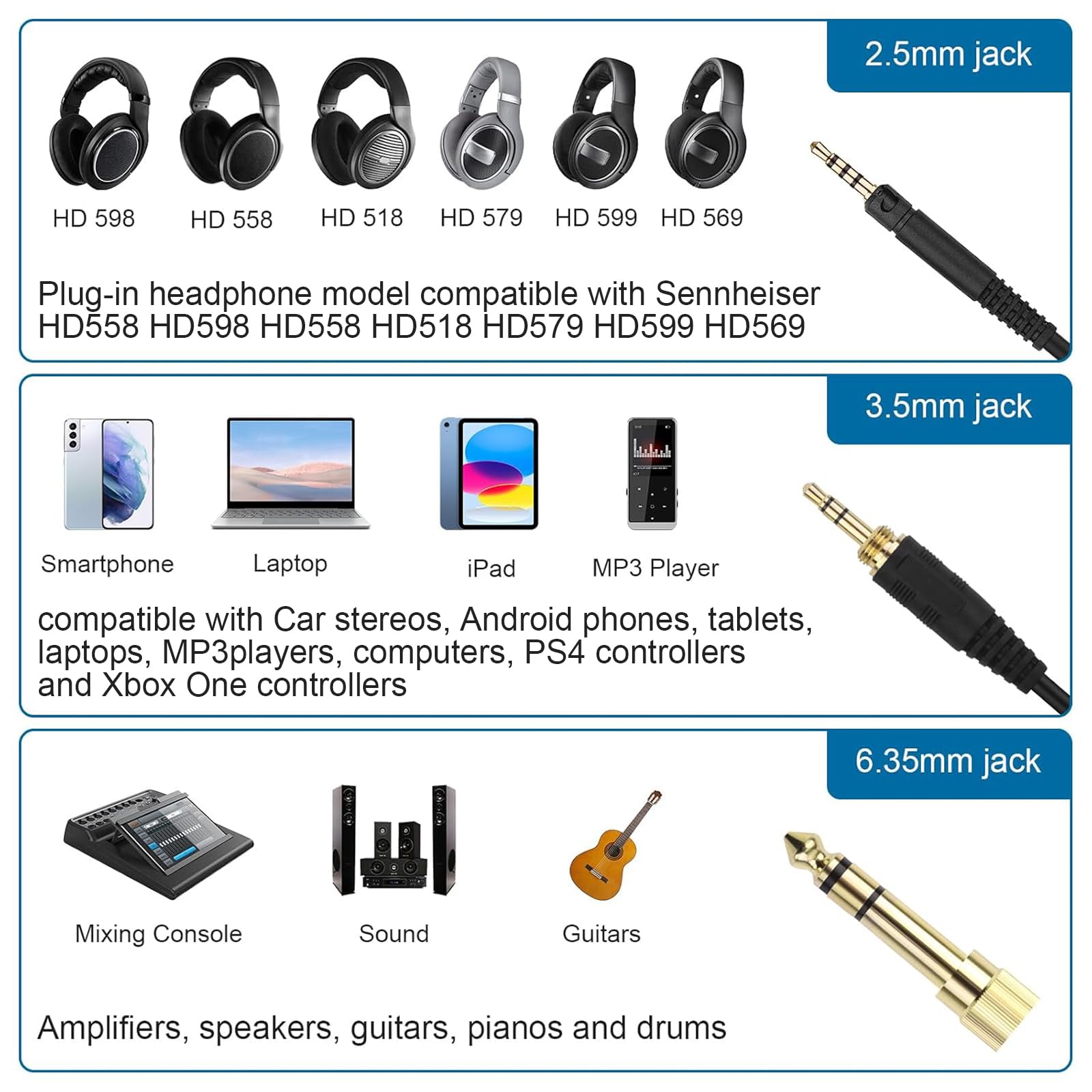 Cavo audio compatibile con cuffie Sennheiser HD599SE, HD599, HD598, HD598SE, HD560S, HD598SR, HD400PRO, HD579, HD569, cavo stereo di ricambio da 2,5 mm a 3,5 mm, con adattatore da 6,35 mm (1,5-3 m)
