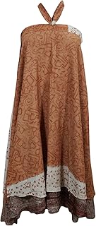 Mogul Interior Womens Wrap Around Skirt Brown Silk Printed Boho Beach Cover Up Dress